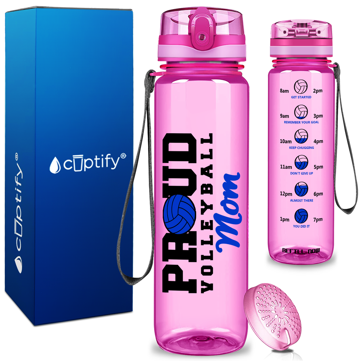 Proud Volleyball Mom on 32 oz Motivational Tracking Water Bottle