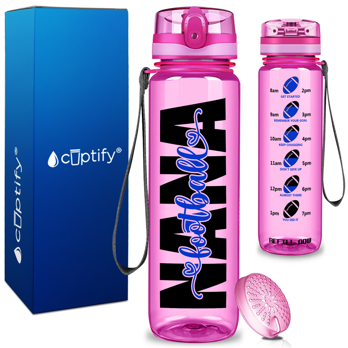 Nana Football on 32 oz Motivational Tracking Water Bottle