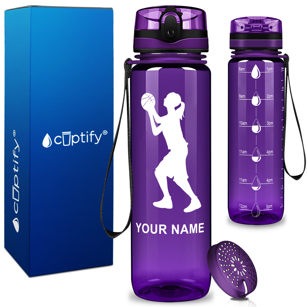 Personalized Female Shooting Basketball on 32 oz Motivational Tracking Water Bottle