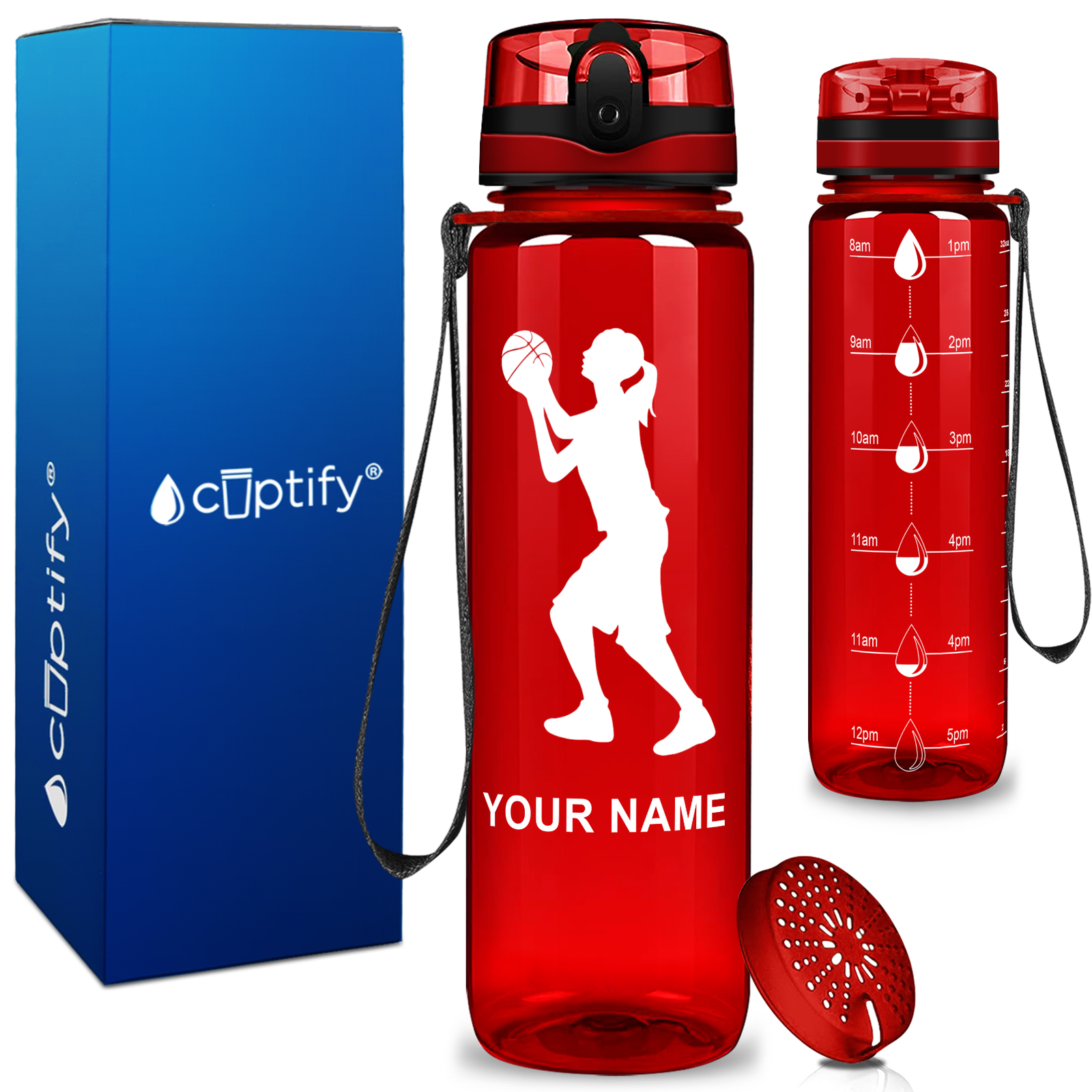 Personalized Female Shooting Basketball on 32 oz Motivational Tracking Water Bottle