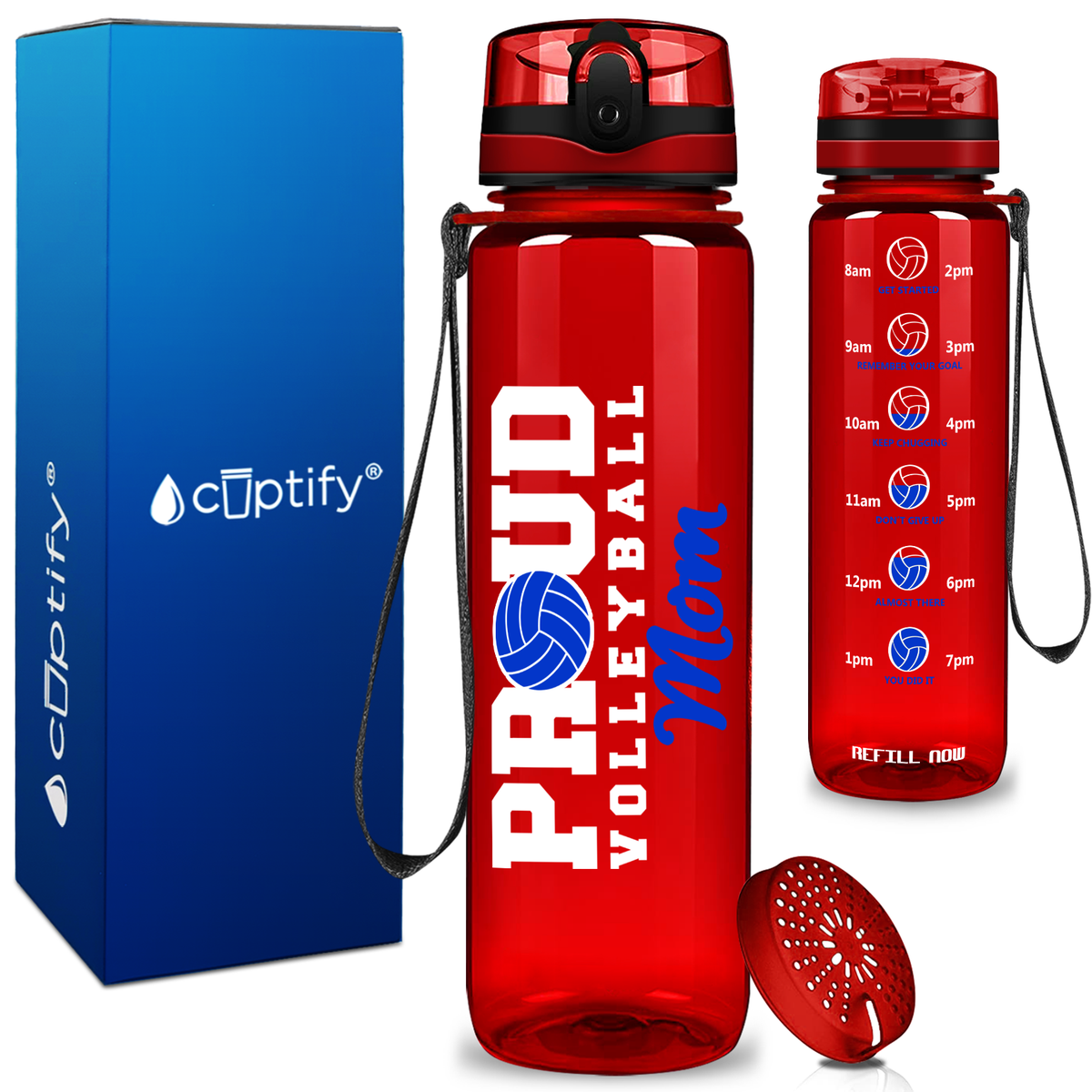 Proud Volleyball Mom on 32 oz Motivational Tracking Water Bottle
