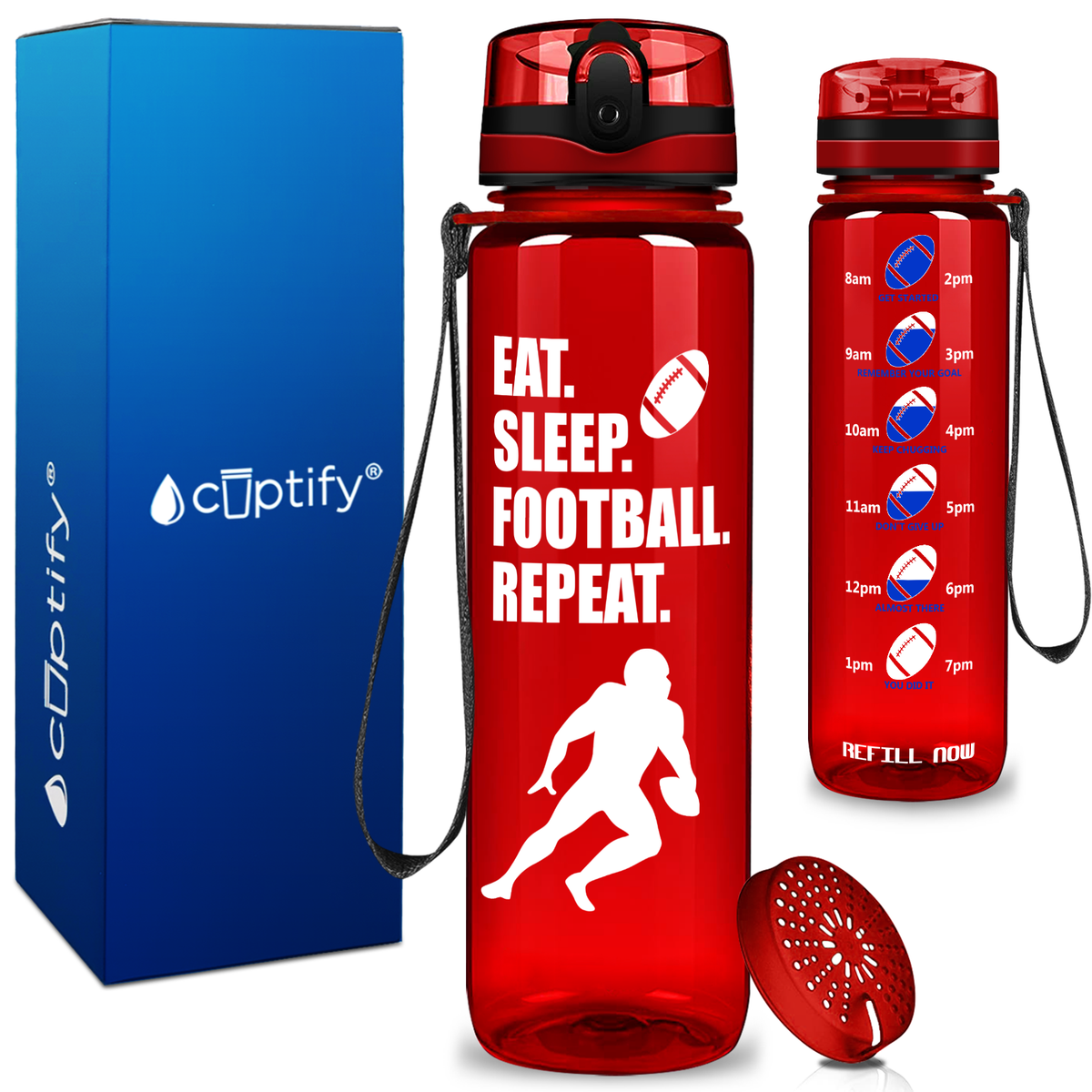 Eat Sleep Football Repeat on 32 oz Motivational Tracking Water Bottle