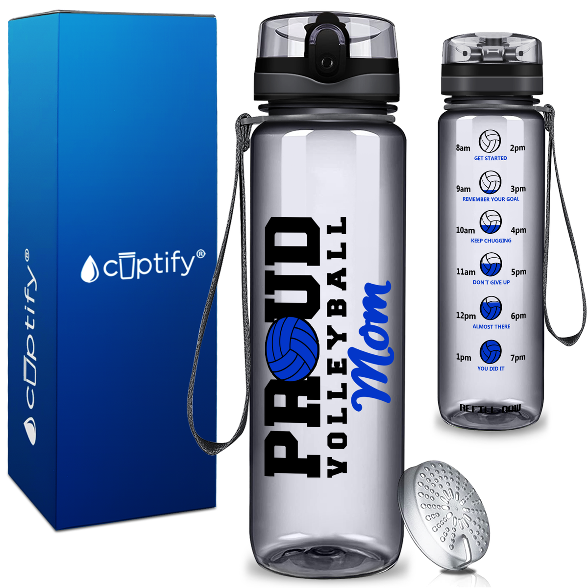 Proud Volleyball Mom on 32 oz Motivational Tracking Water Bottle