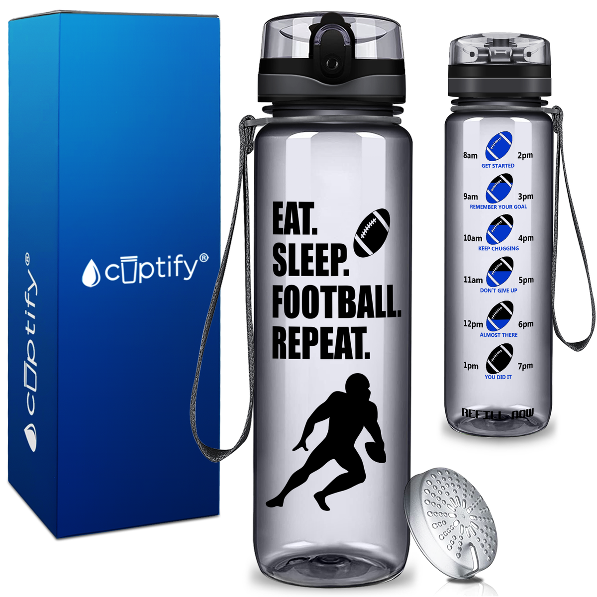 Eat Sleep Football Repeat on 32 oz Motivational Tracking Water Bottle