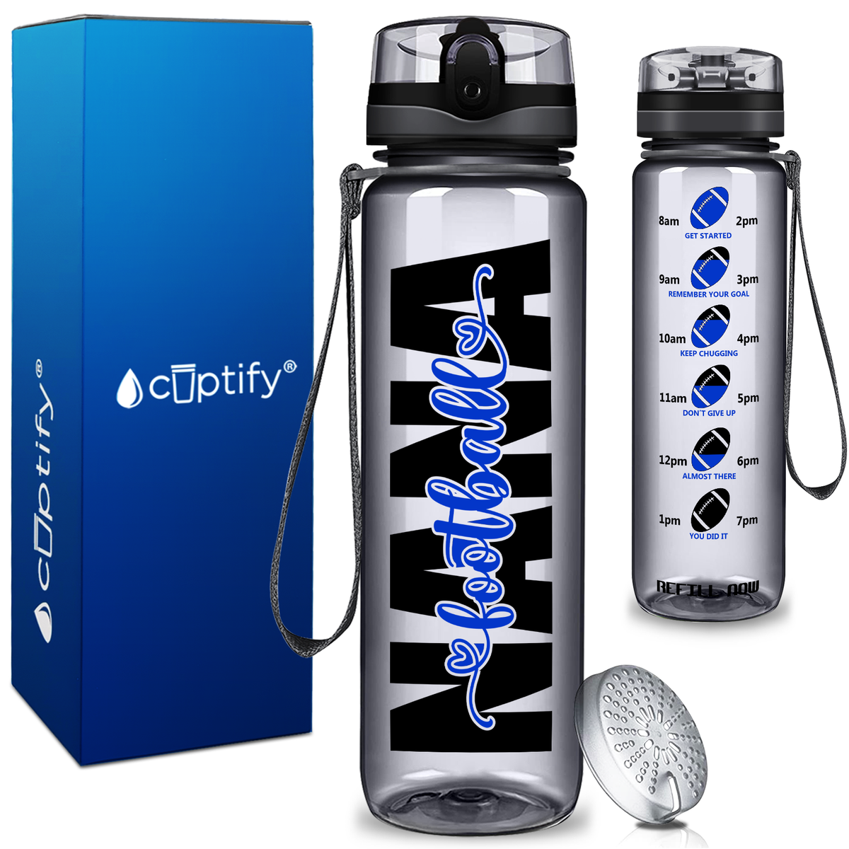 Nana Football on 32 oz Motivational Tracking Water Bottle