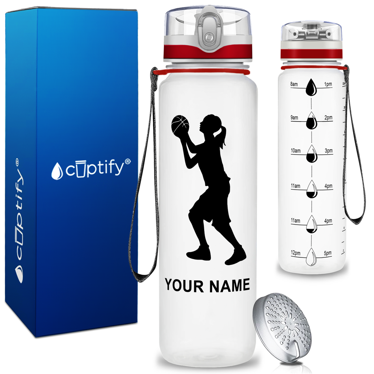 Personalized Female Shooting Basketball on 32 oz Motivational Tracking Water Bottle