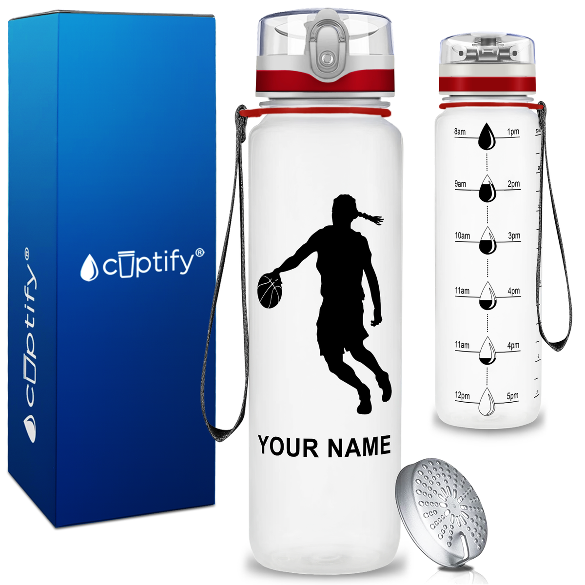 Personalized Basketball Female Player Silhouette on 32 oz Motivational Tracking Water Bottle
