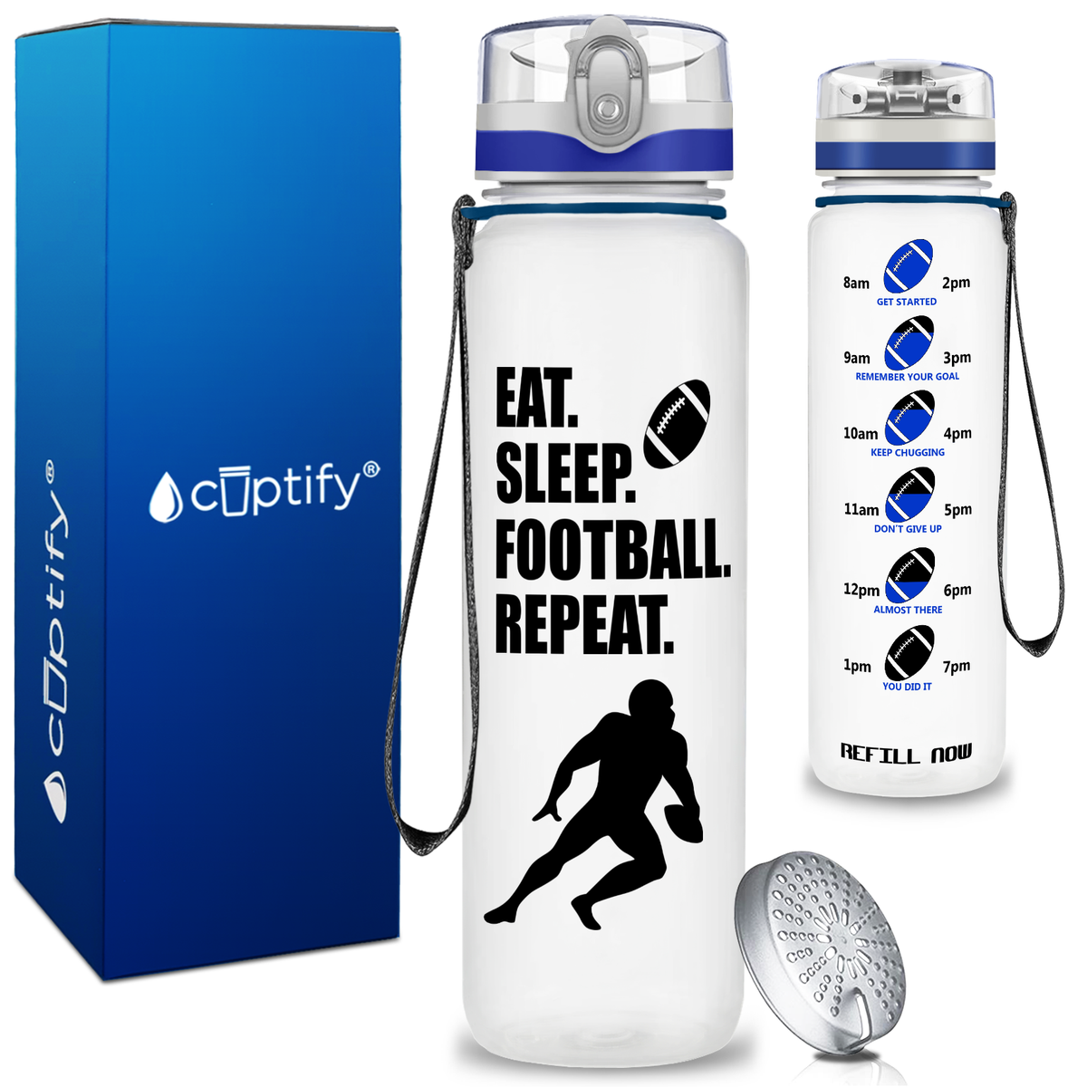 Eat Sleep Football Repeat on 32 oz Motivational Tracking Water Bottle
