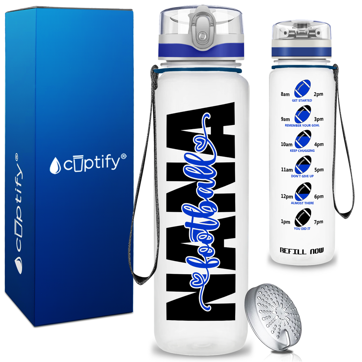 Nana Football on 32 oz Motivational Tracking Water Bottle