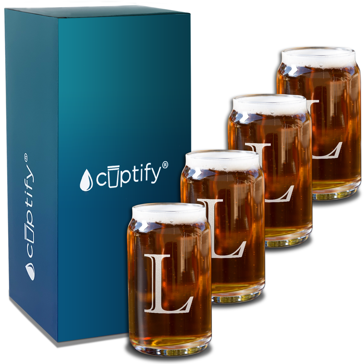  Monogram Initial Letter on 5 oz Beer Glass Can - Set of Four
