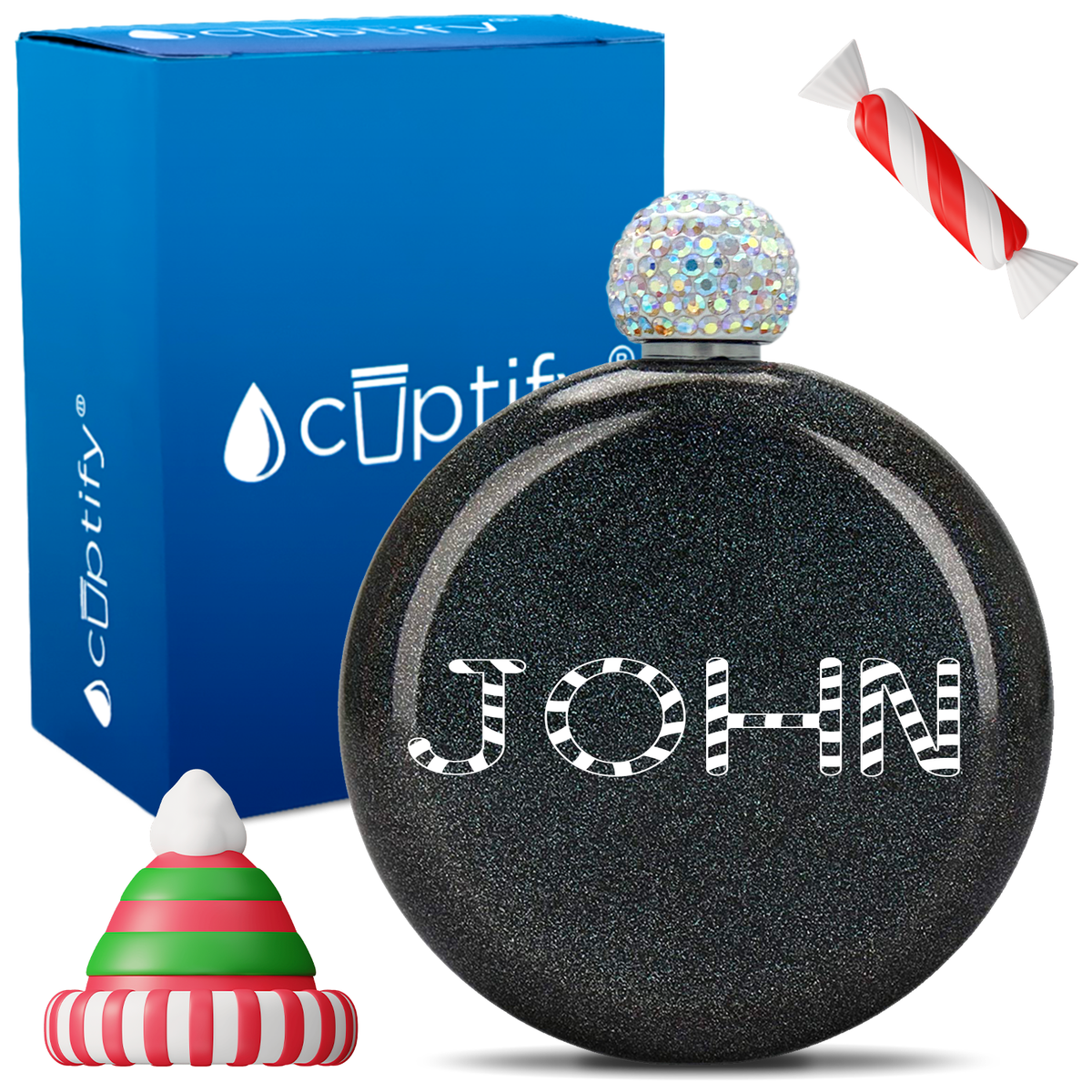 Personalized Candy Canes Christmas Font 5oz Rhinestone Flask