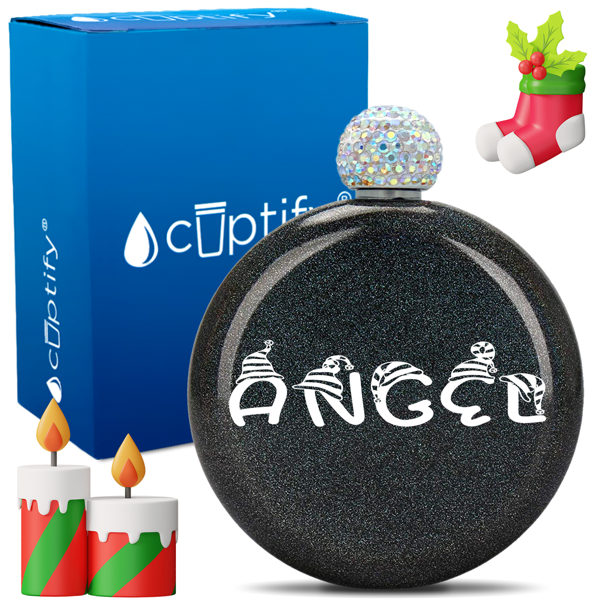Personalized Elfen Christmas Font 5oz Rhinestone Flask
