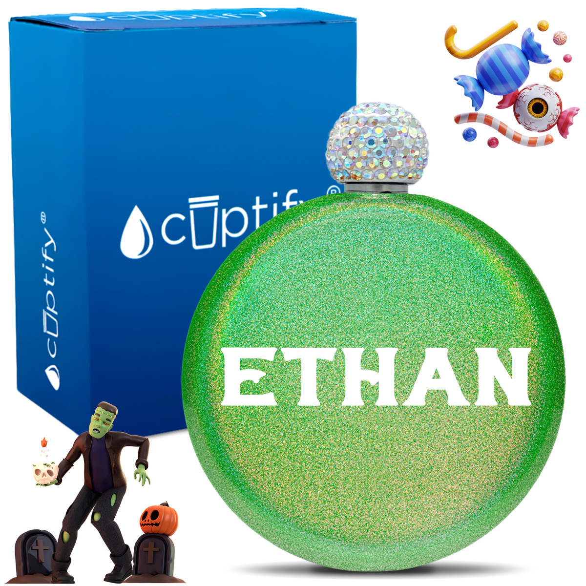Personalized Grim Halloween Font 5oz Rhinestone Flask