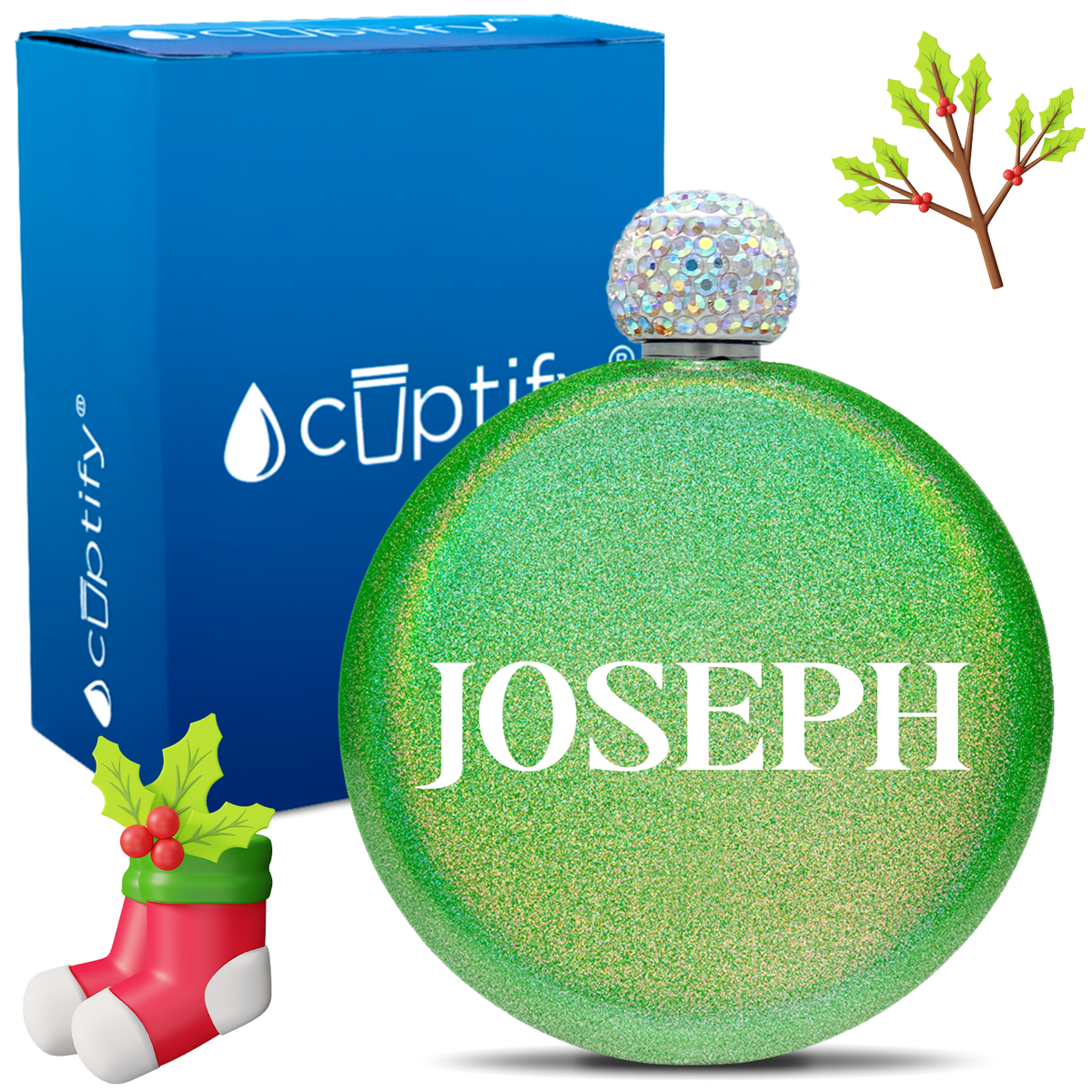 Personalized Merry Christmas Font 5oz Rhinestone Flask