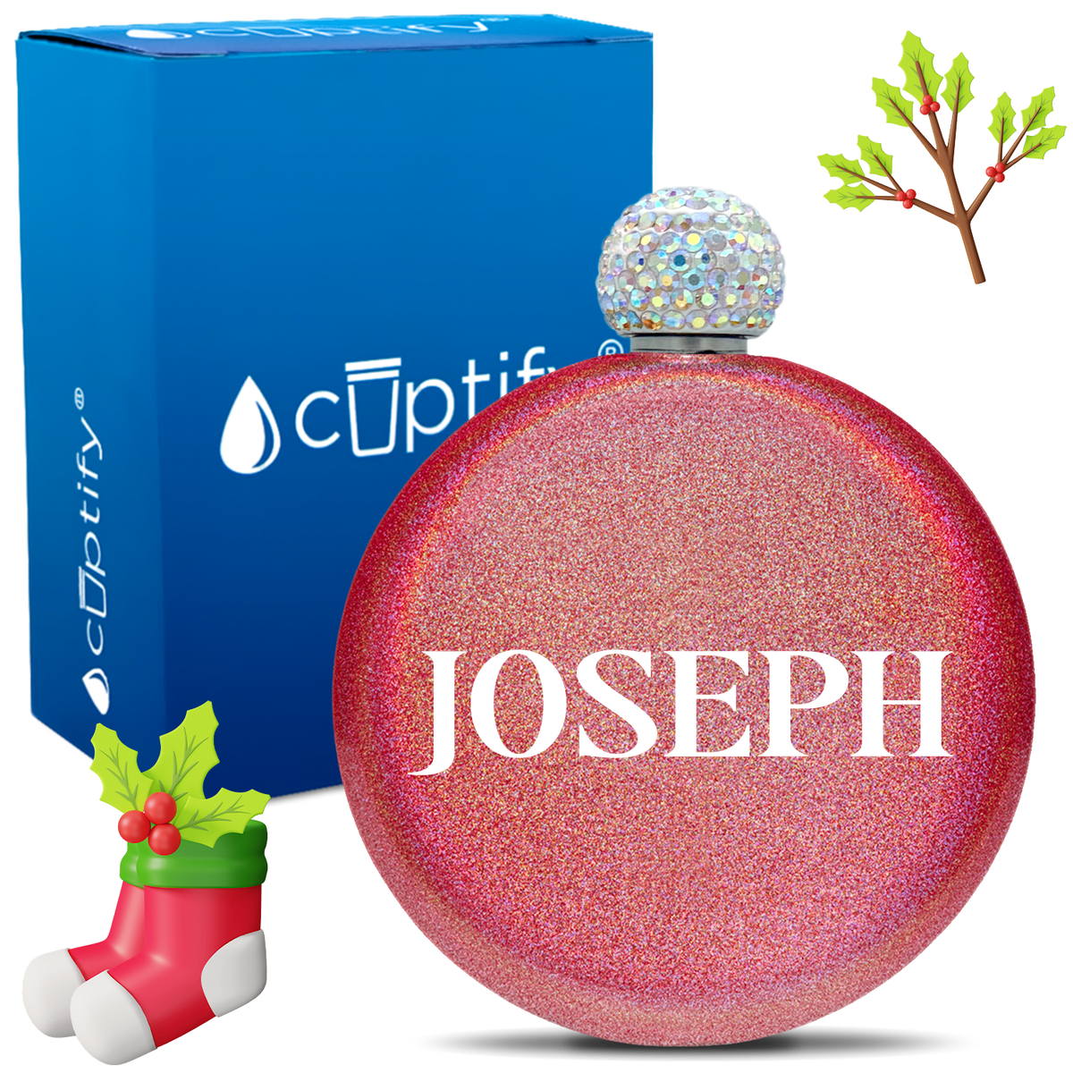Personalized Merry Christmas Font 5oz Rhinestone Flask