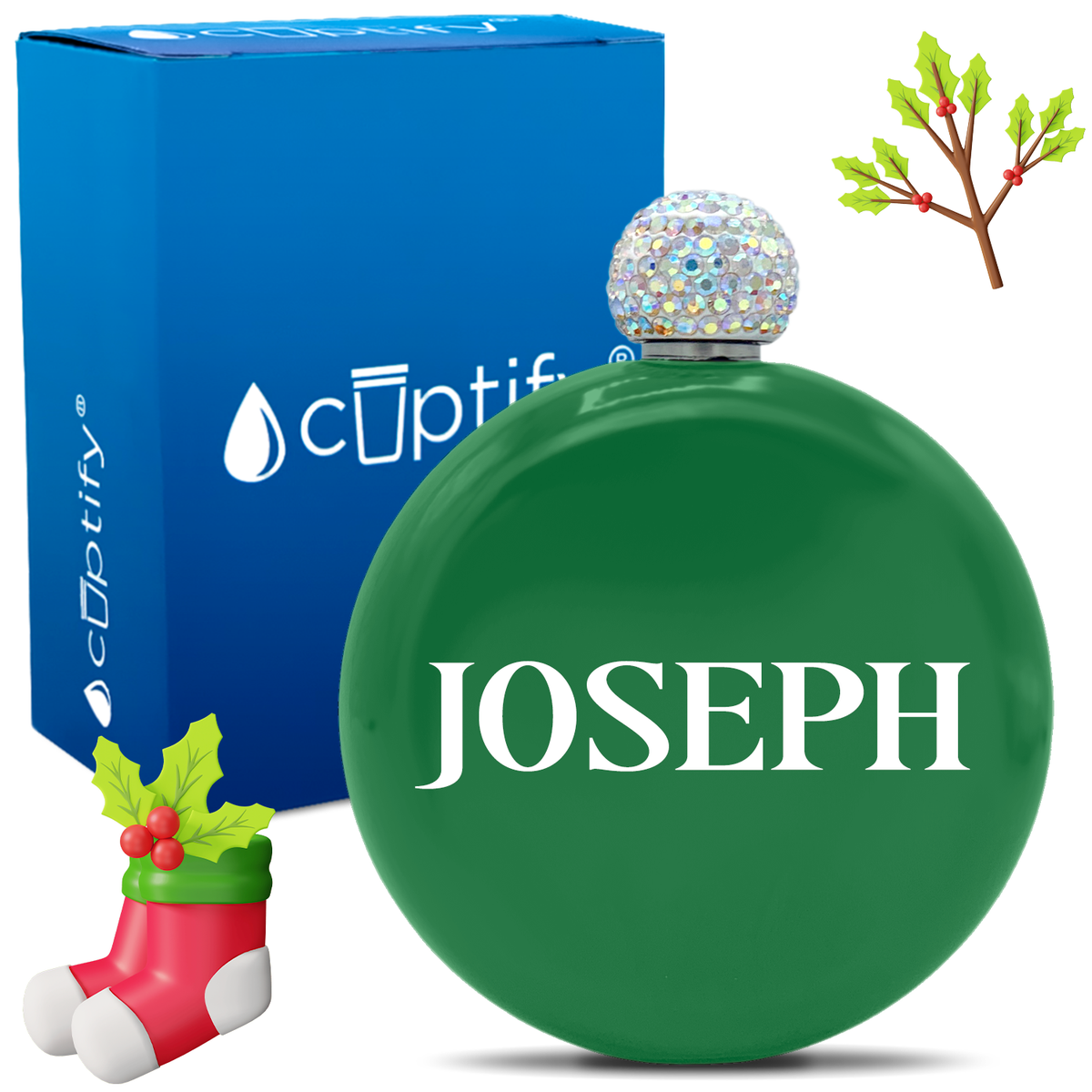 Personalized Merry Christmas Font 5oz Rhinestone Flask