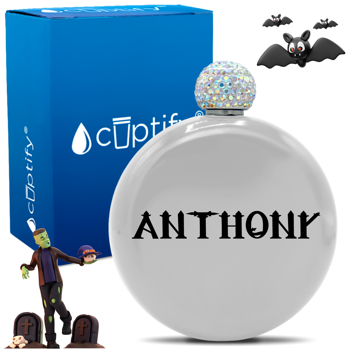 Personalized Creepy Halloween Font 5oz Rhinestone Flask
