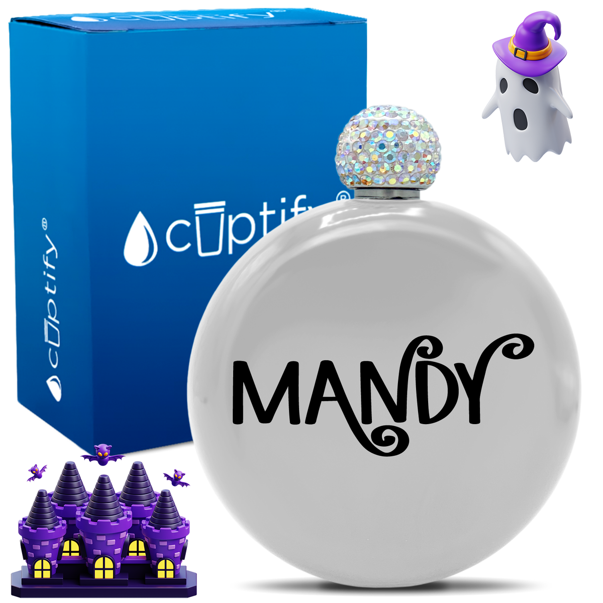 Personalized Curly Spooky Halloween Font 5oz Rhinestone Flask