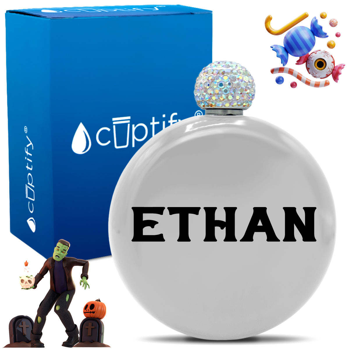 Personalized Grim Halloween Font 5oz Rhinestone Flask