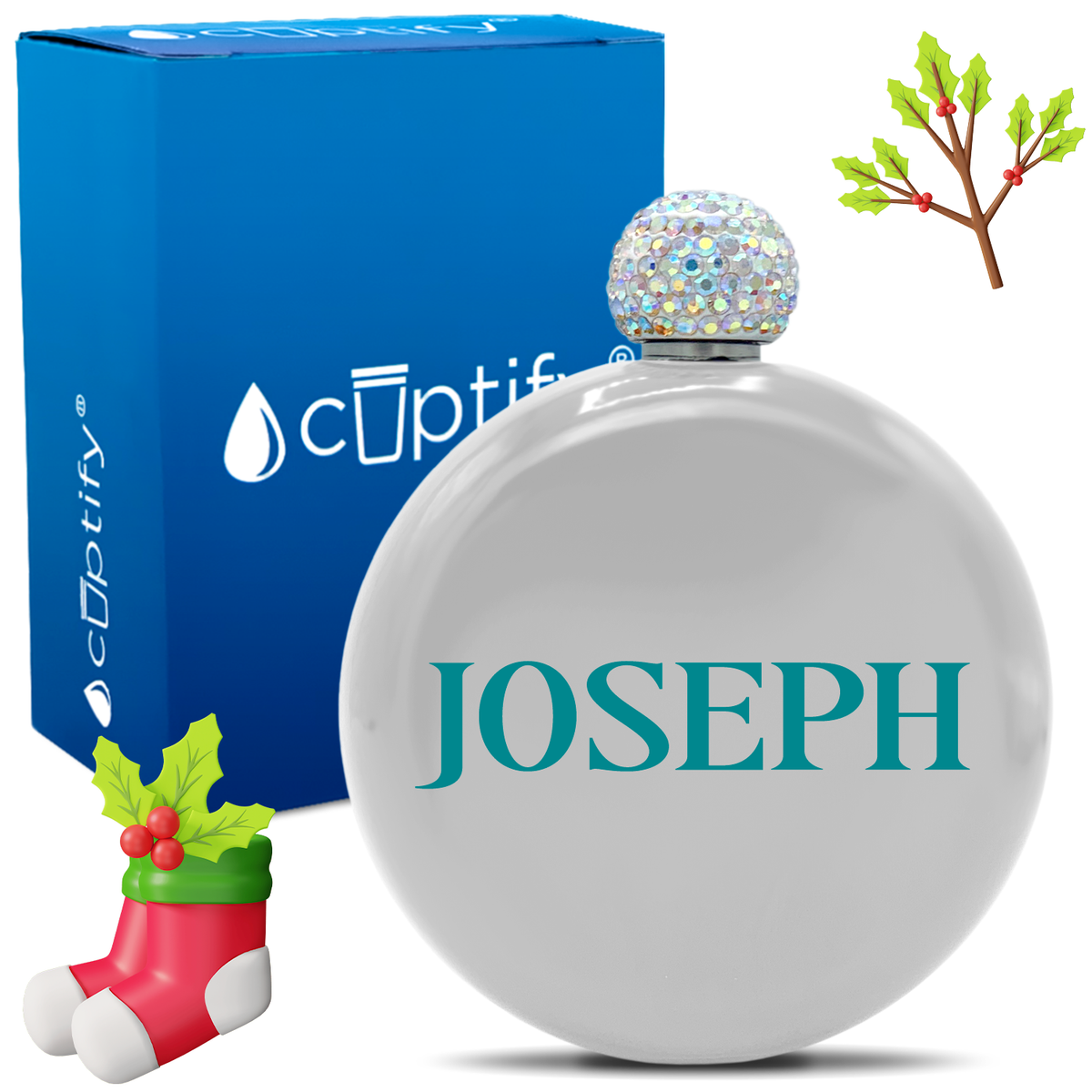 Personalized Merry Christmas Font 5oz Rhinestone Flask