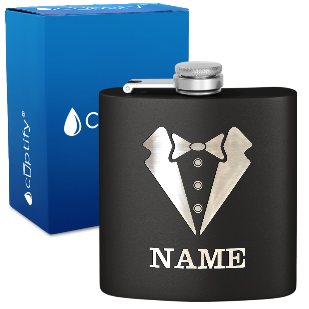 Personalized Suit Bow Tie Groomsmen 6 oz Stainless Steel Hip Flask
