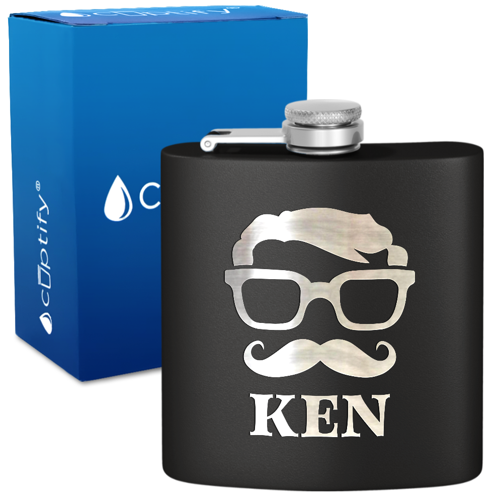 Personalized Glasses Mustache Groomsmen 6 oz Stainless Steel Hip Flask