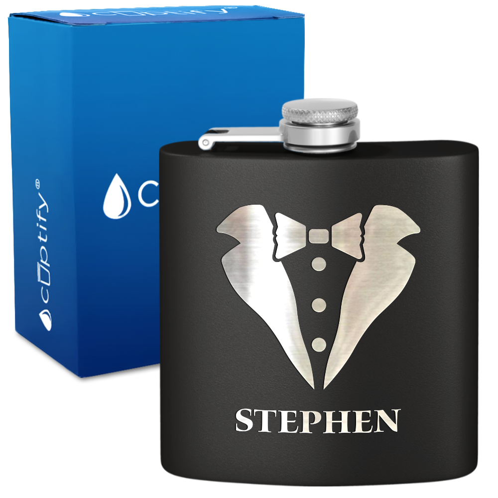 Personalized Tux Groomsmen 6 oz Stainless Steel Hip Flask