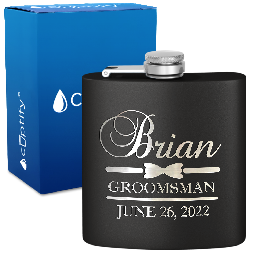Personalized Groomsman Classy Bow Tie 6 oz Stainless Steel Hip Flask
