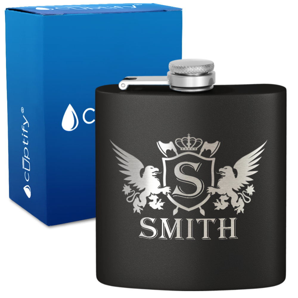 Personalized Crown Monogram Initial Badge 6oz Hip Flask