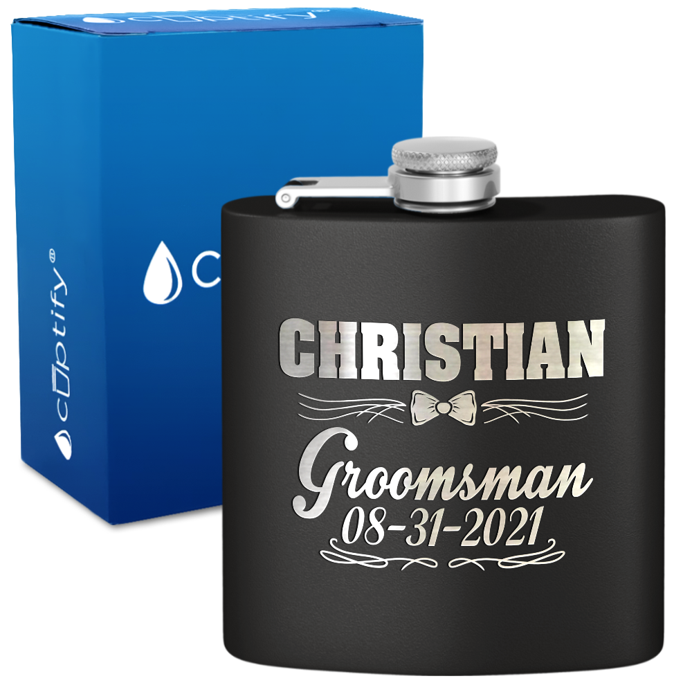 Personalized Groomsman Bow Tie 6 oz Stainless Steel Hip Flask