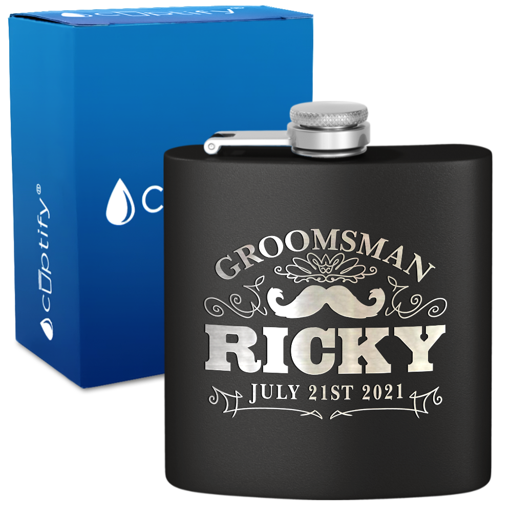 Personalized Groomsman Mustache 6 oz Stainless Steel Hip Flask