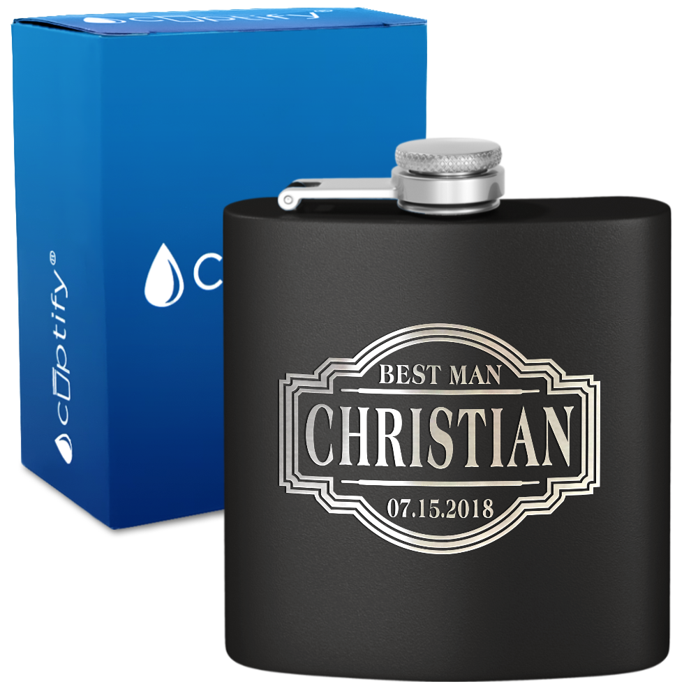 Personalized Best Man with Border 6oz Stainless Steel Hip Flask