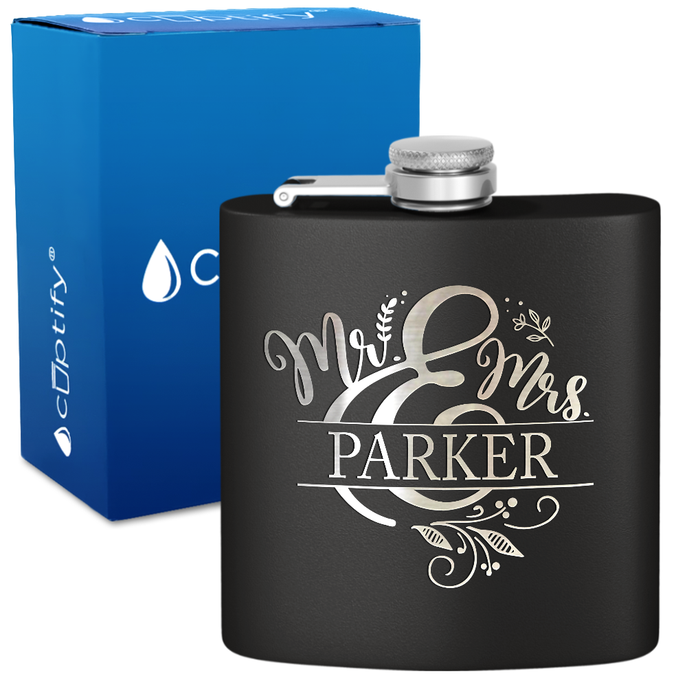 Personalized Mr. and Mrs. Split Script 6oz Stainless Steel Hip Flask