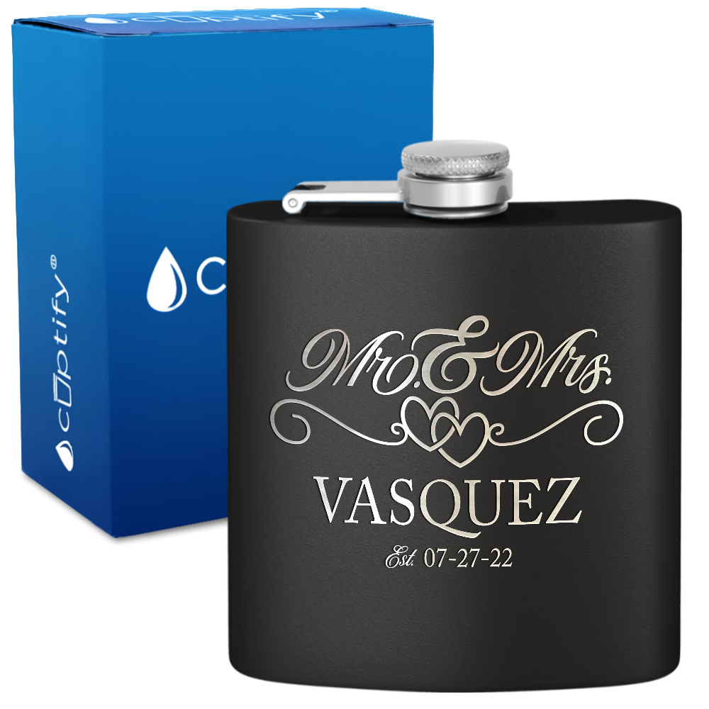 Personalized Mr. and Mrs. with date 6oz Stainless Steel Hip Flask