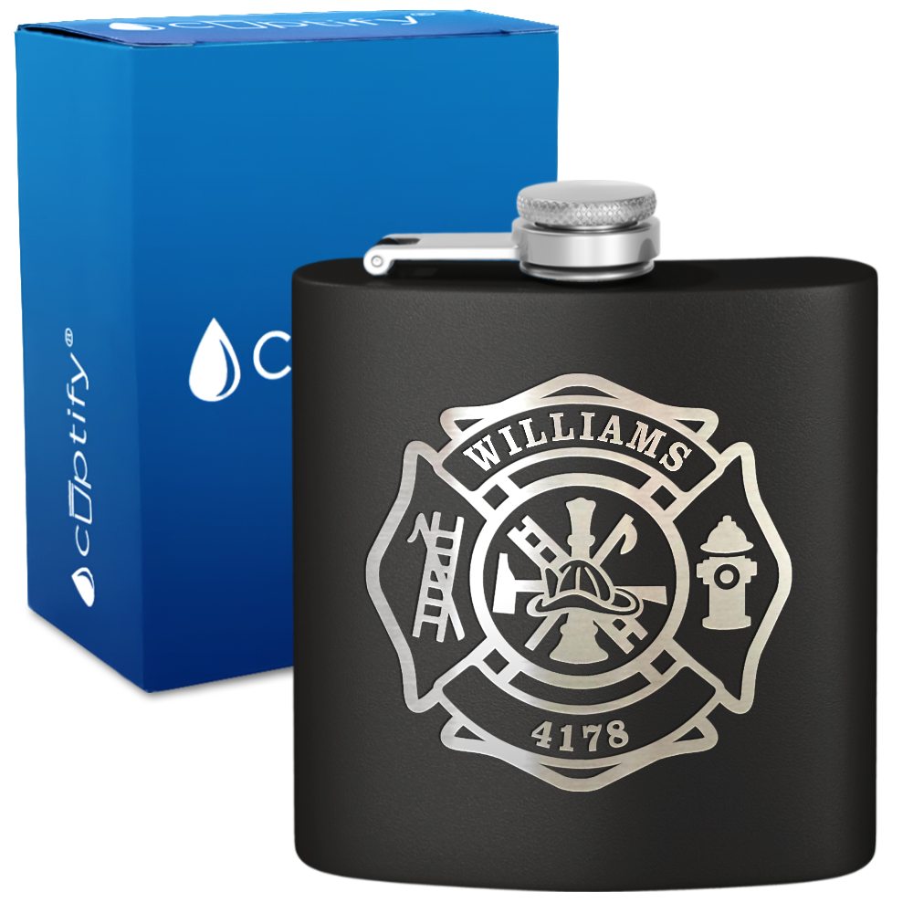 Personalized Firefighter Name and Number 6oz Stainless Steel Hip Flask