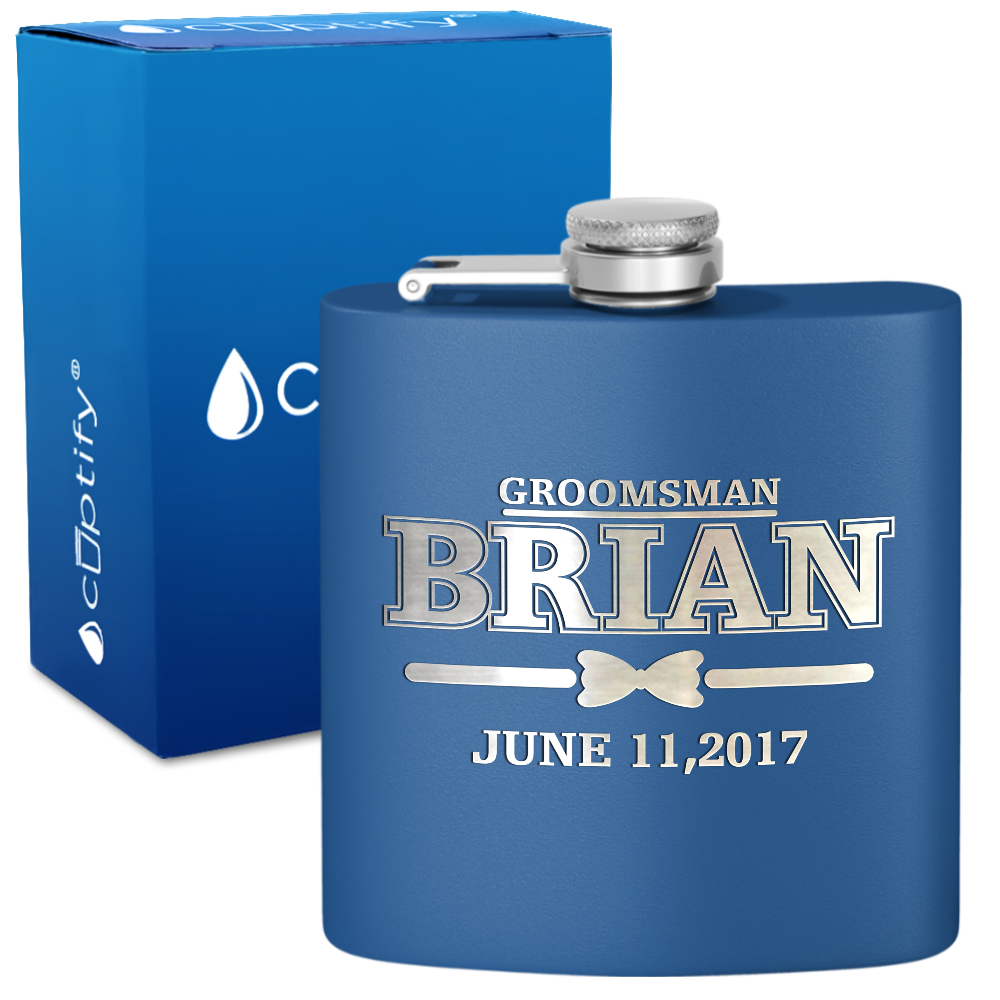 Personalized Dated Bow Tie Groosmen 6 oz Stainless Steel Hip Flask