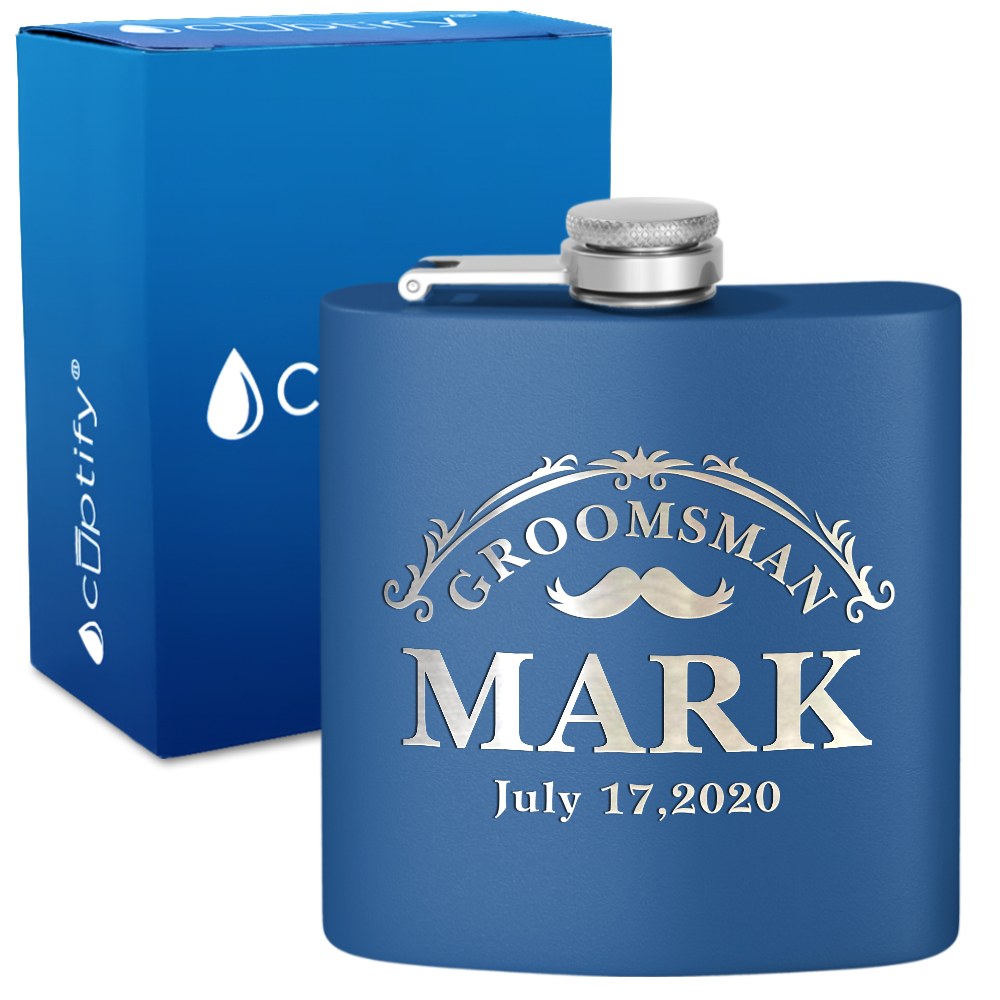Personalized Classic Groomsman Mustache 6 oz Stainless Steel Hip Flask