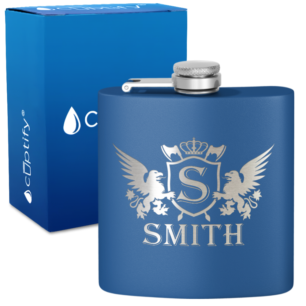 Personalized Crown Monogram Initial Badge 6oz Hip Flask