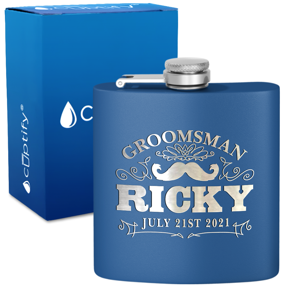 Personalized Groomsman Mustache 6 oz Stainless Steel Hip Flask