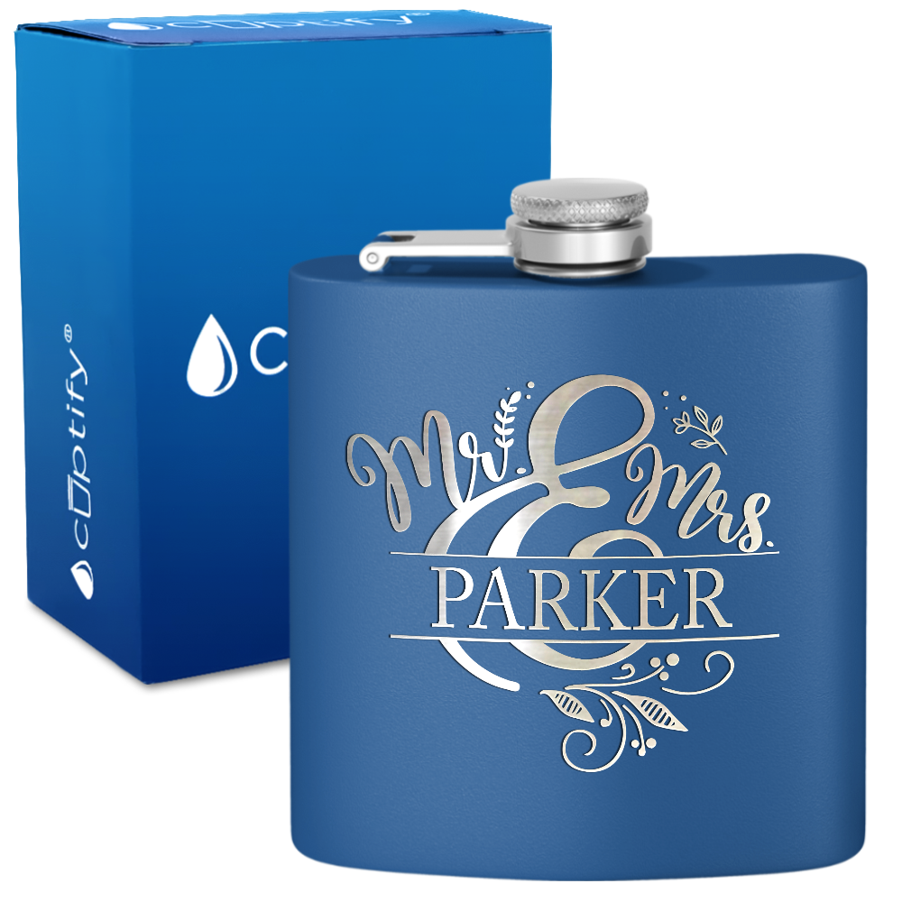 Personalized Mr. and Mrs. Split Script 6oz Stainless Steel Hip Flask