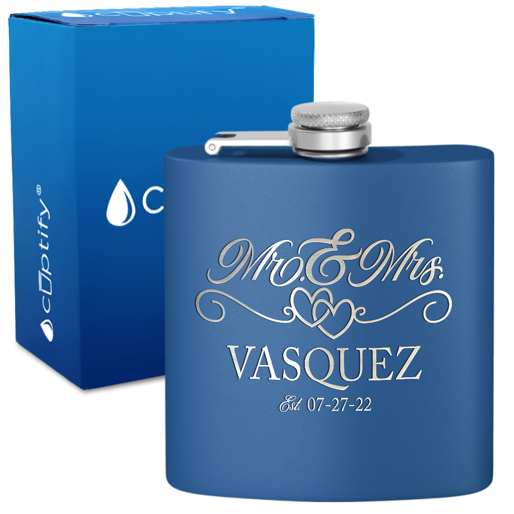 Personalized Mr. and Mrs. with date 6oz Stainless Steel Hip Flask