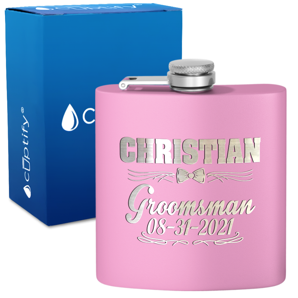 Personalized Groomsman Bow Tie 6 oz Stainless Steel Hip Flask