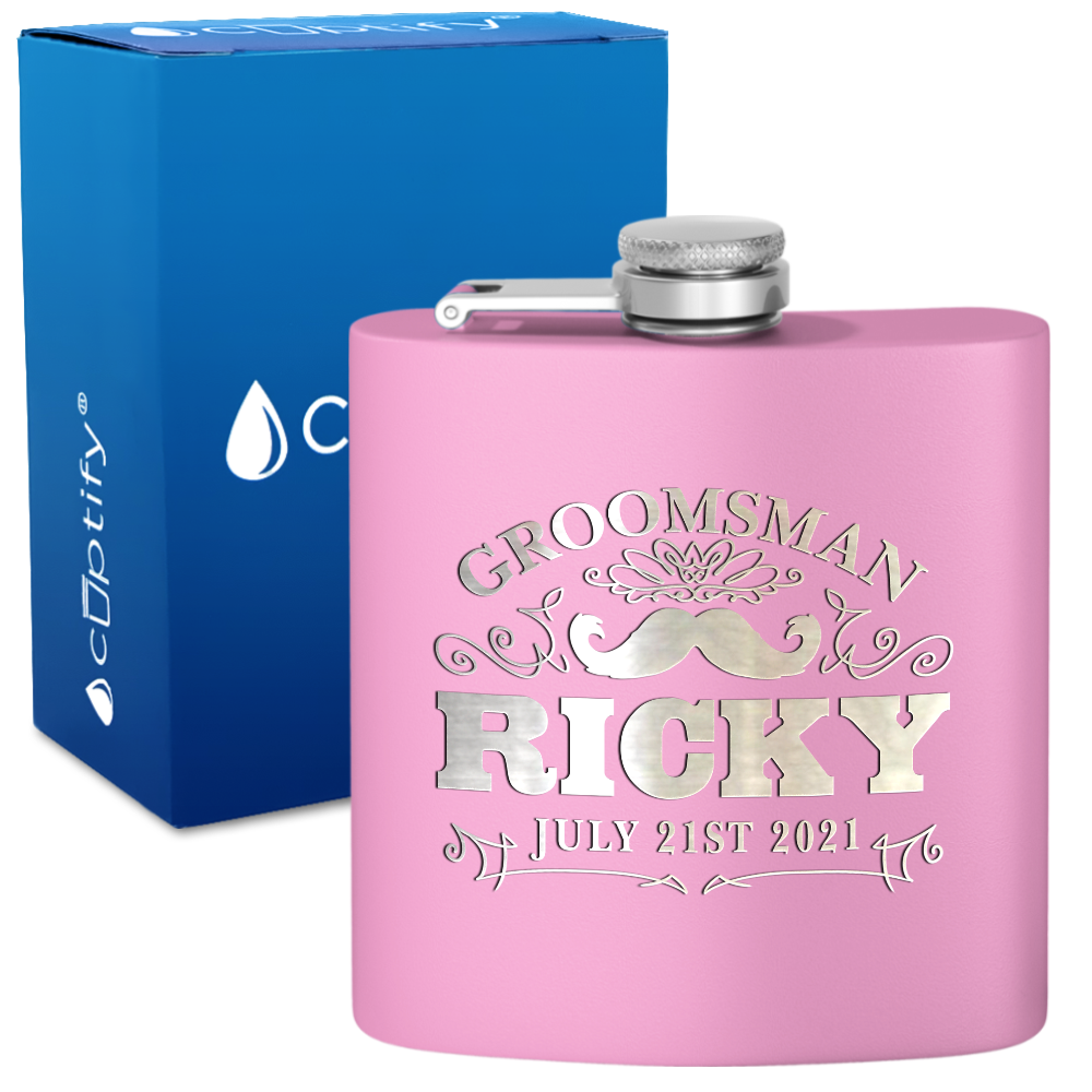 Personalized Groomsman Mustache 6 oz Stainless Steel Hip Flask
