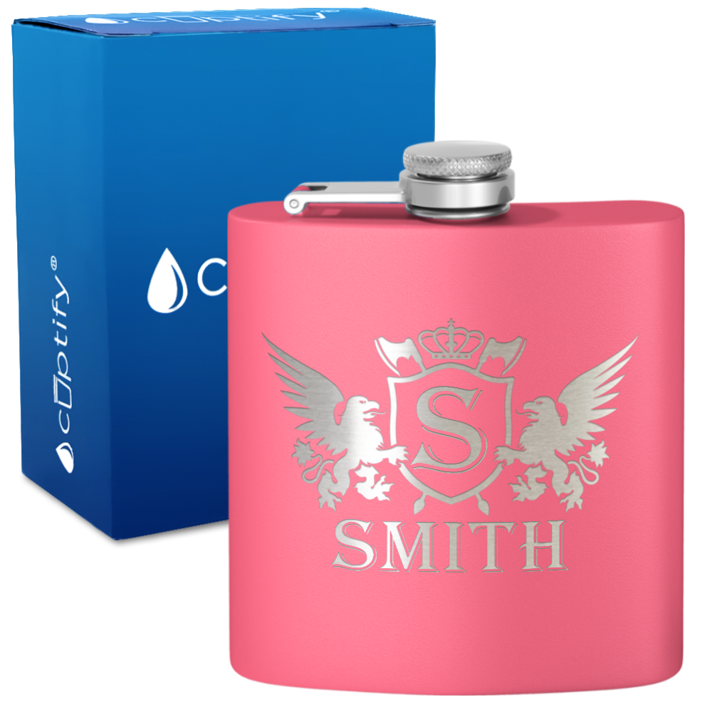 Personalized Crown Monogram Initial Badge 6oz Hip Flask