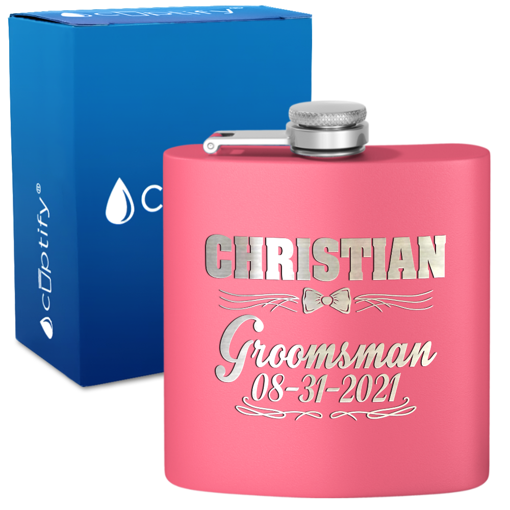 Personalized Groomsman Bow Tie 6 oz Stainless Steel Hip Flask