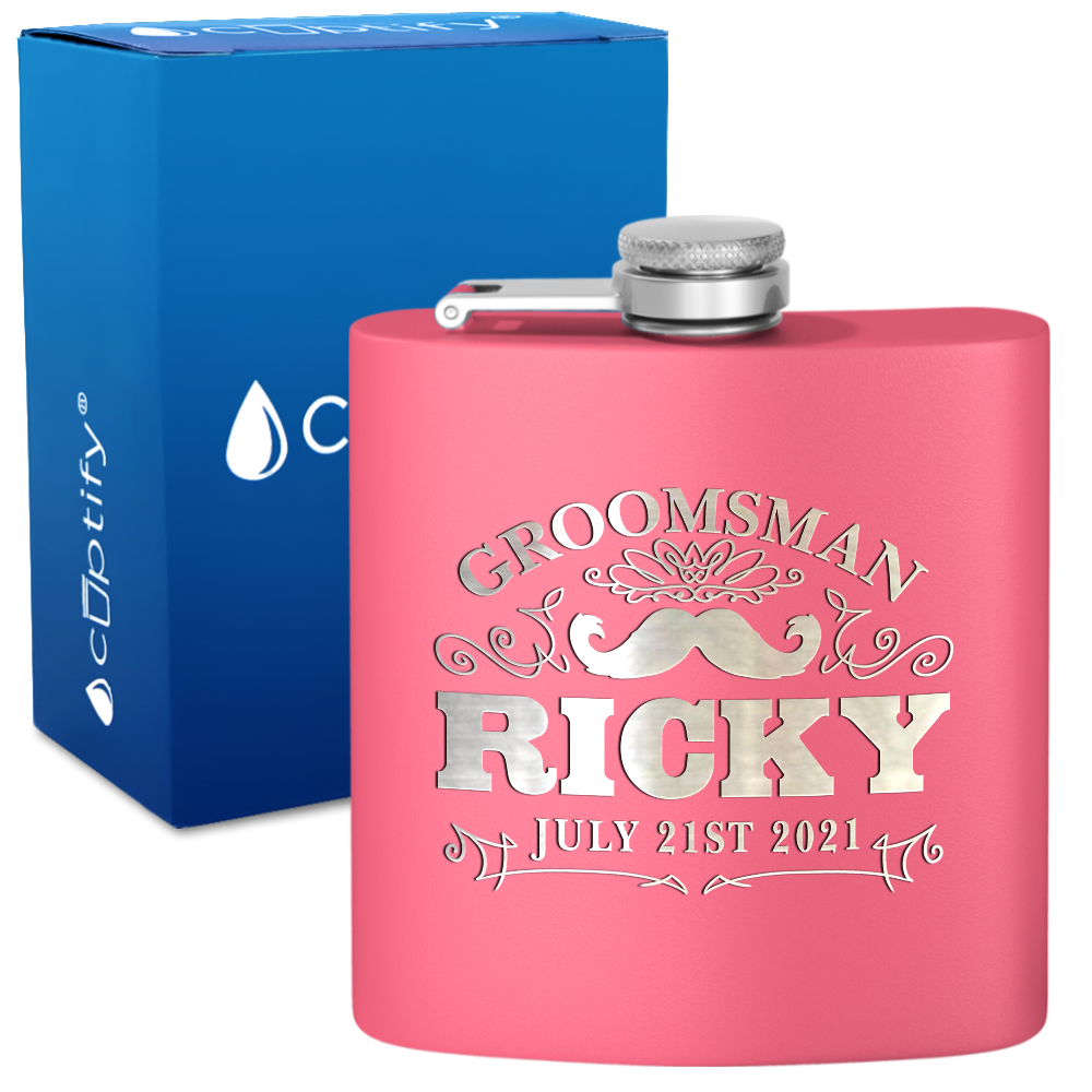 Personalized Groomsman Mustache 6 oz Stainless Steel Hip Flask