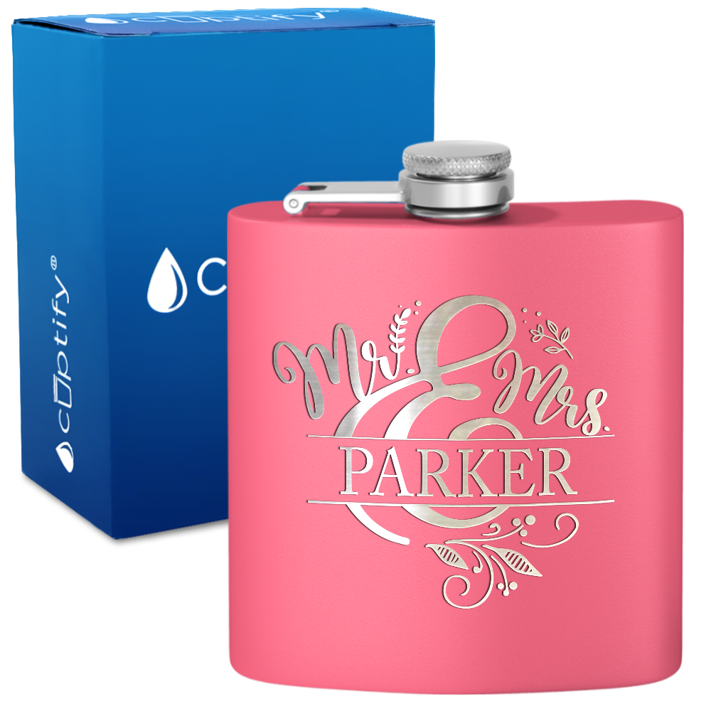 Personalized Mr. and Mrs. Split Script 6oz Stainless Steel Hip Flask