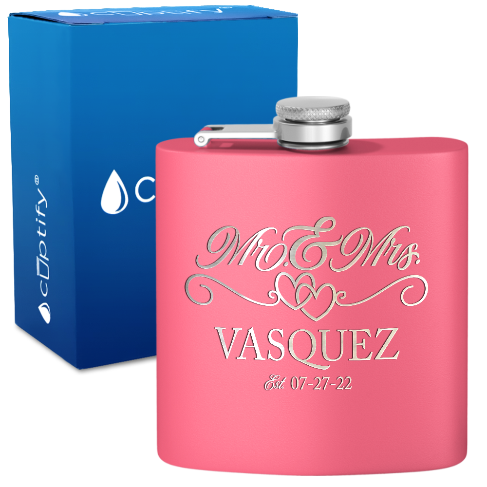 Personalized Mr. and Mrs. with date 6oz Stainless Steel Hip Flask