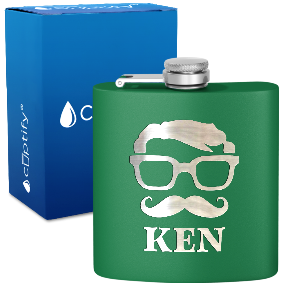 Personalized Glasses Mustache Groomsmen 6 oz Stainless Steel Hip Flask