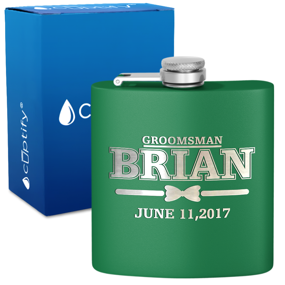 Personalized Dated Bow Tie Groosmen 6 oz Stainless Steel Hip Flask